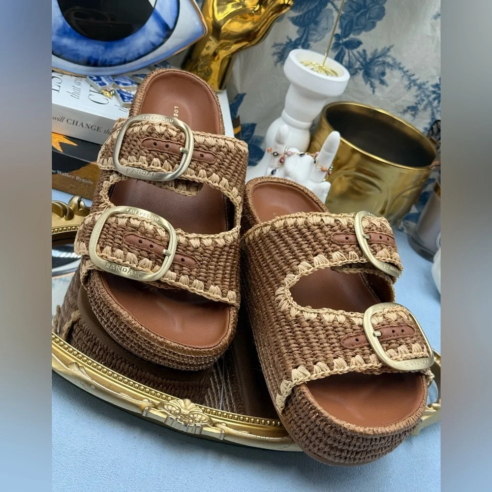🆕 LOEFFLER RANDALL 🧿 NWOB Theo Embroidered Raffia Platform Sandal, Brown Sz 7